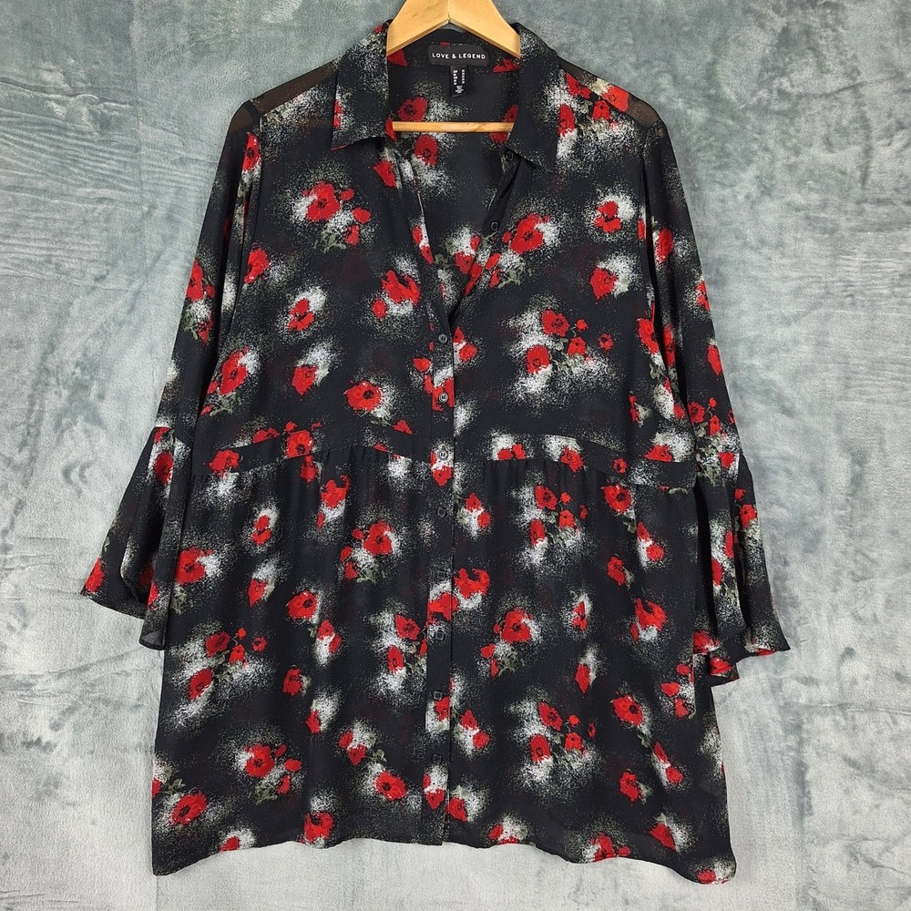 Womens Top 20 Black Sheer Whimsigoth Romantic Floral Button Up Fairy Grunge Goth